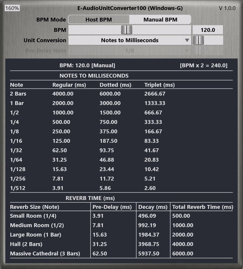 E-AudioUnitConverter100: Free Delay Reverb Time Calculator VST3